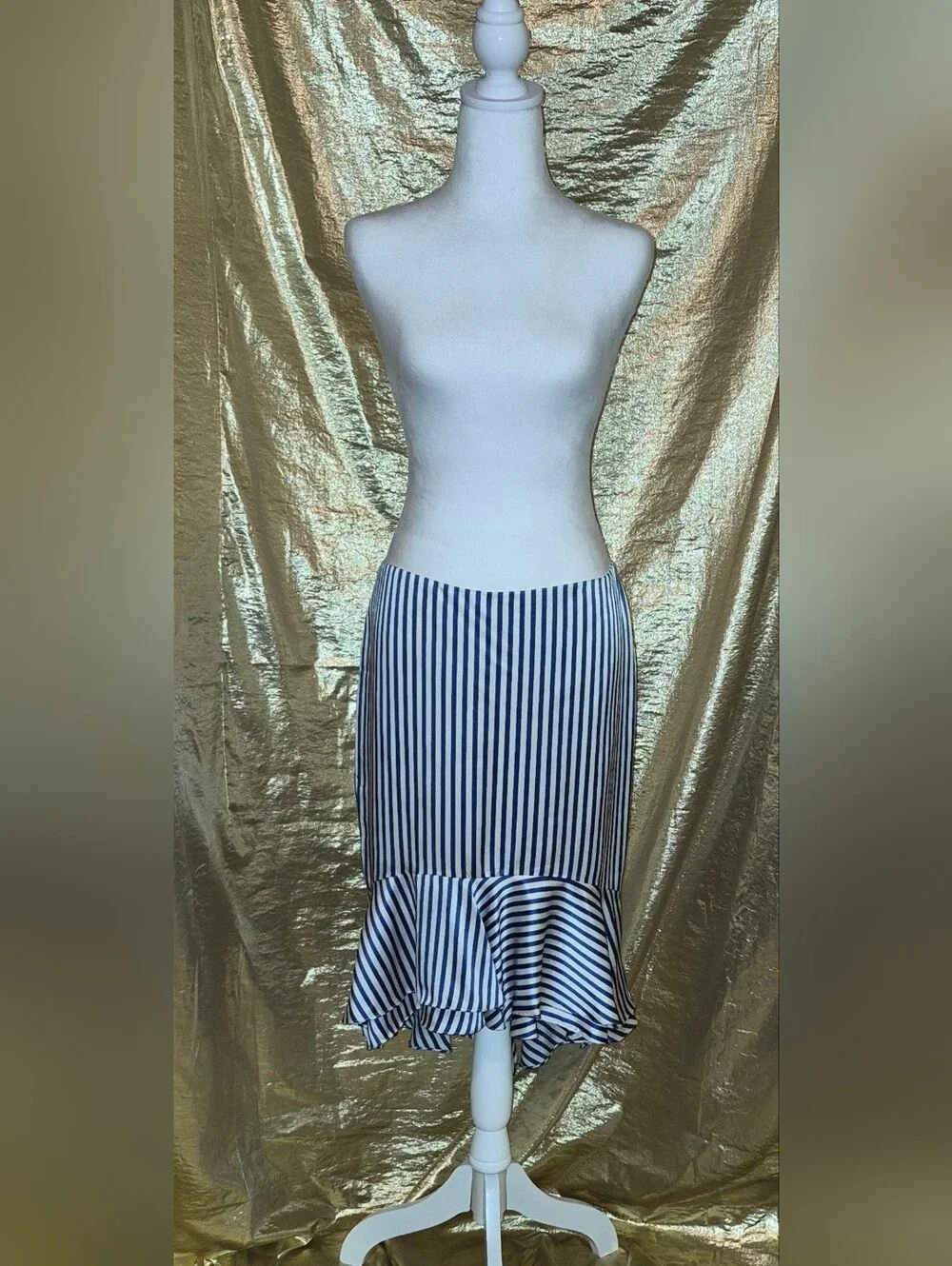 Ralph Lauren Navy and White Vertical-Striped Ruffle-Hem Silk Midi Skirt
